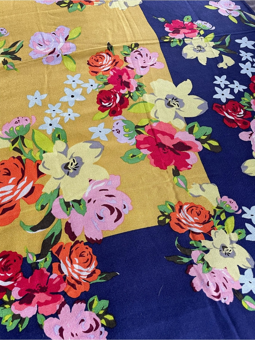 Eric Bompard Cashmere Silk Vintage Floral Square Scarf in Navy and Yellow - Picture 3 of 5